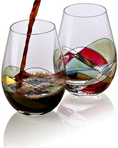 Bezrat stemless glasses offer ergonomic hold and stability for relaxed tasting.