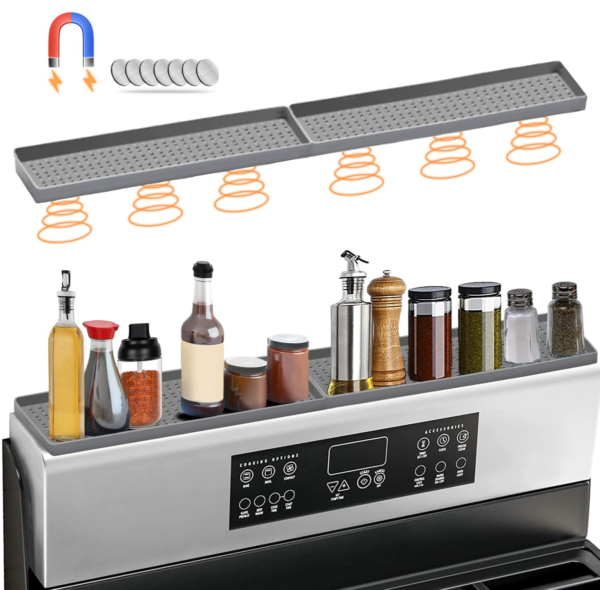BFONS 30-inch magnetic stove top rack top view showing organized spice storage.