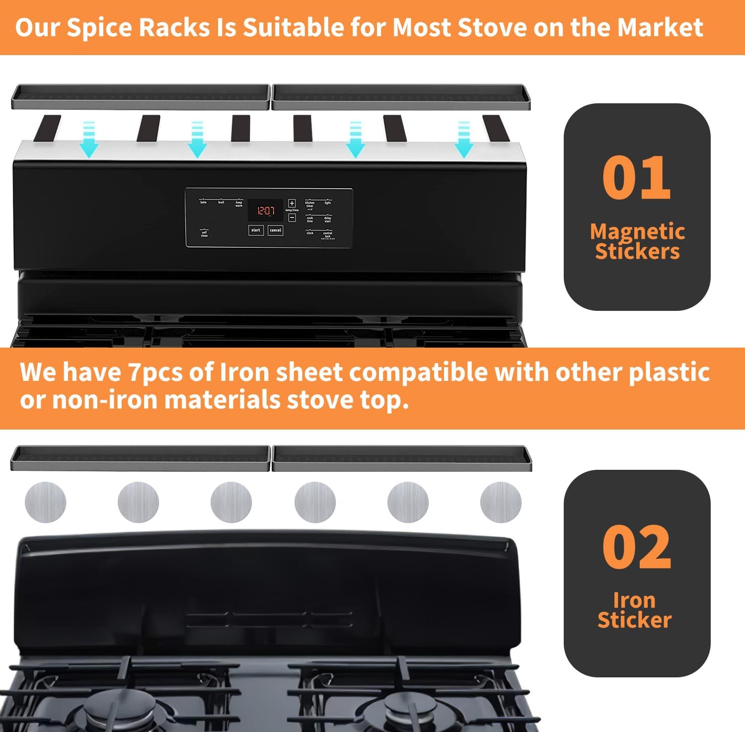 BFONS stove top rack with detachable partitions enables flexible organization.