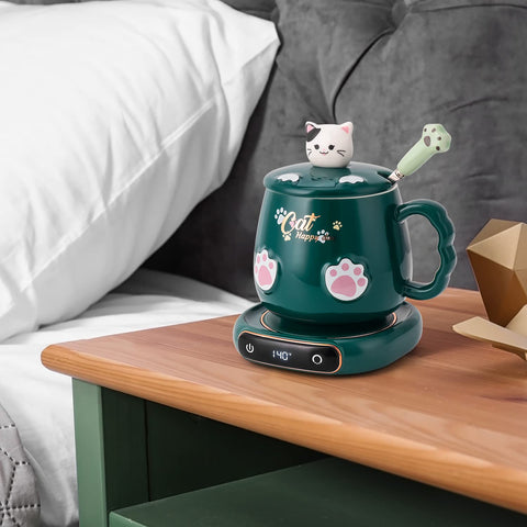 Bgbg cat mug with flat bottom ensuring stable contact with warmer plate.