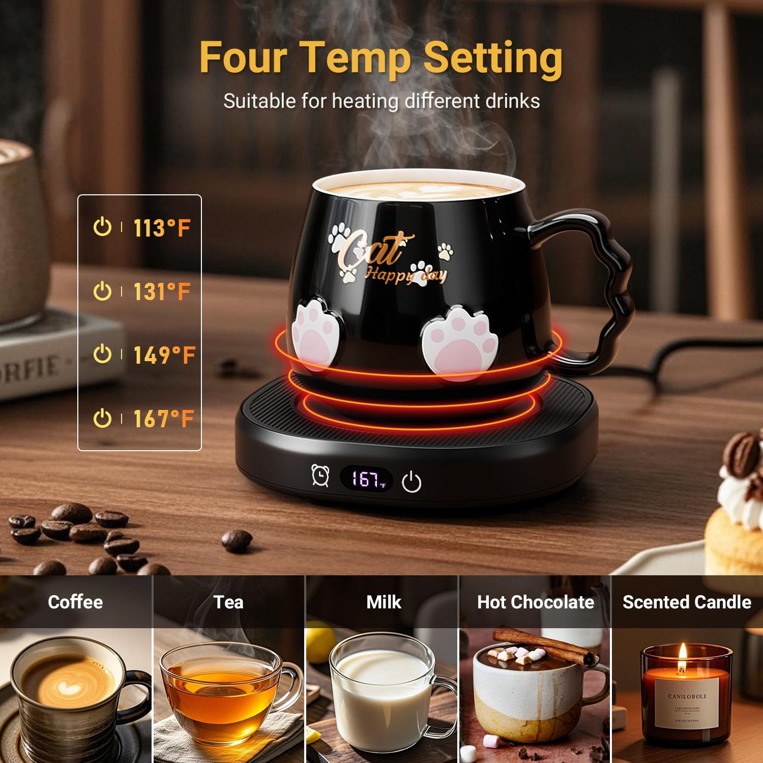 BGBG cat mug with flat-bottom ceramic paired with warmer for consistent heating