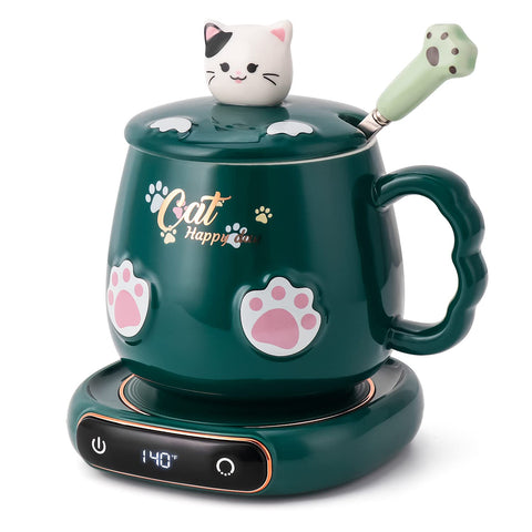Bgbg coffee mug warmer with cat mug on desk for warm beverages at work.