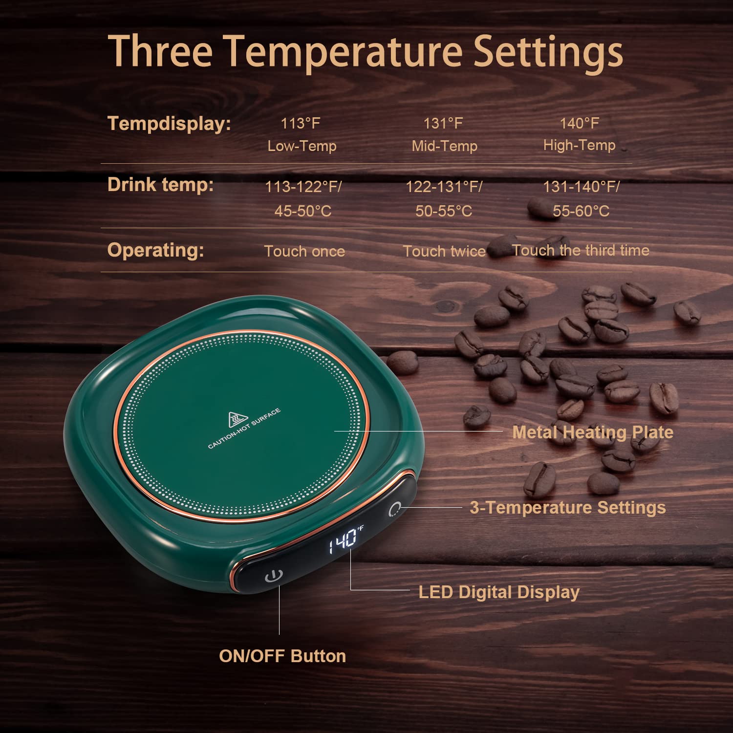 Bgbg temperature-controlled warmer offers three settings for customized sipping.
