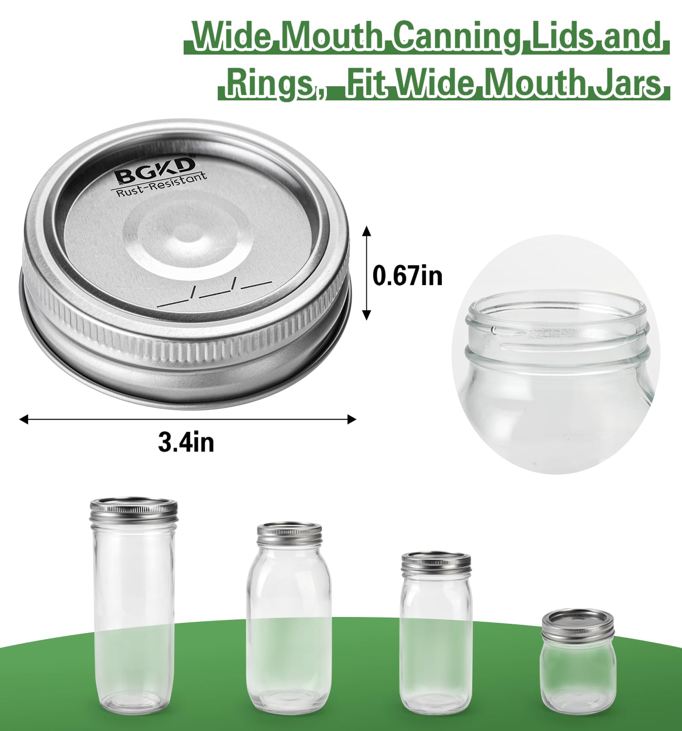 BGKD wide-mouth lids and rings provide a reliable seal for home canning.