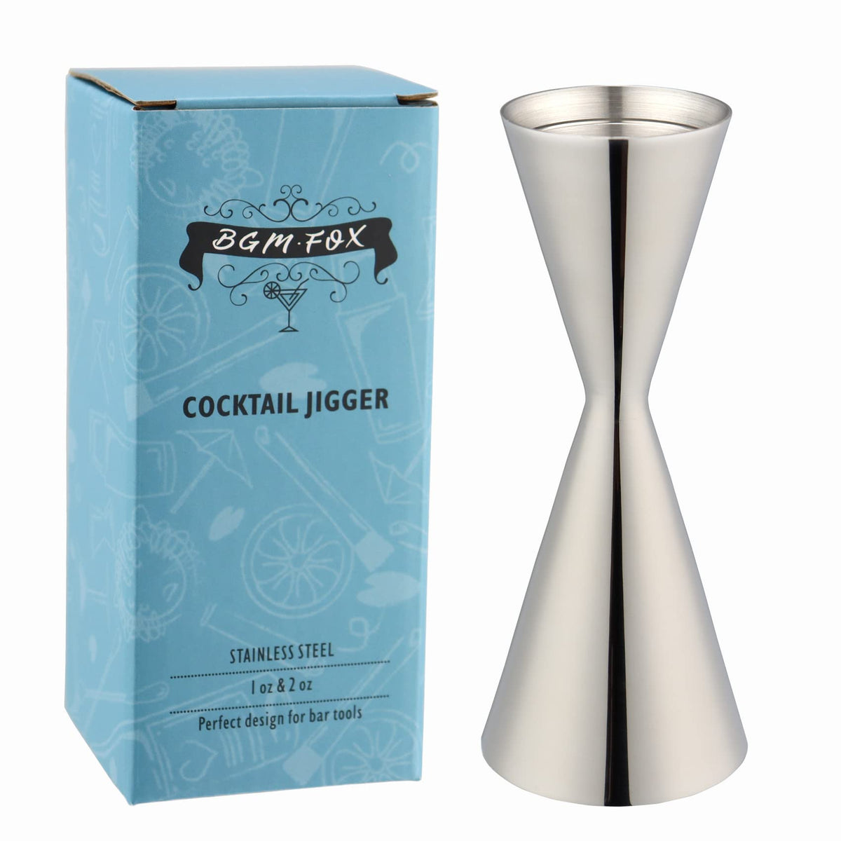 BGM.FOX polished finish 304 stainless steel double jigger for precise pours during cocktails
