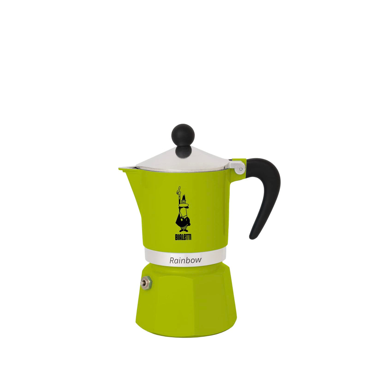 Bialetti Moka Express Rainbow Green 3-Cup front view showing vibrant finish and brand quality
