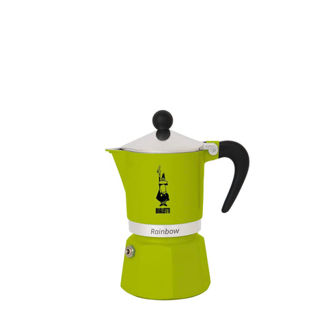 Bialetti Moka Express Rainbow Green 3-Cup front view showing vibrant finish and brand quality