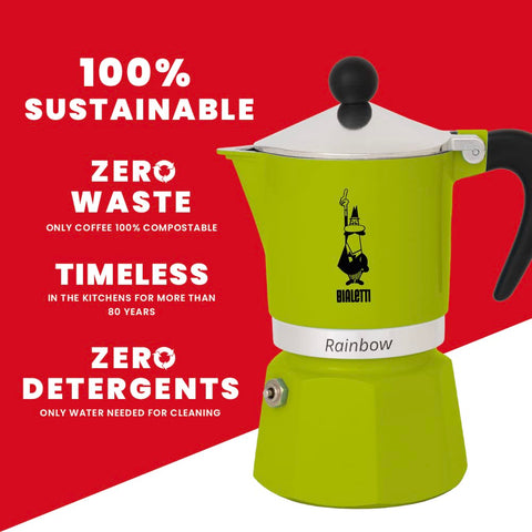 Bialetti Rainbow Green 3-Cup on kitchen counter as a colorful centerpiece for daily rituals