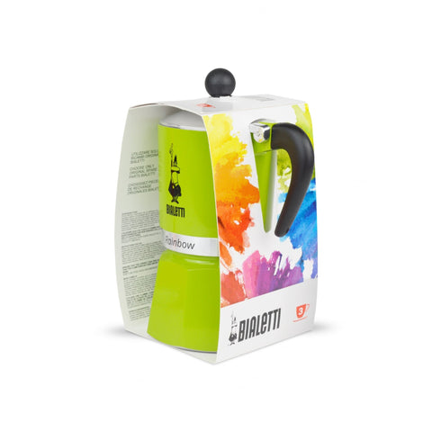 Bialetti Rainbow Green 3-Cup on stove demonstrating compatibility with multiple hob types
