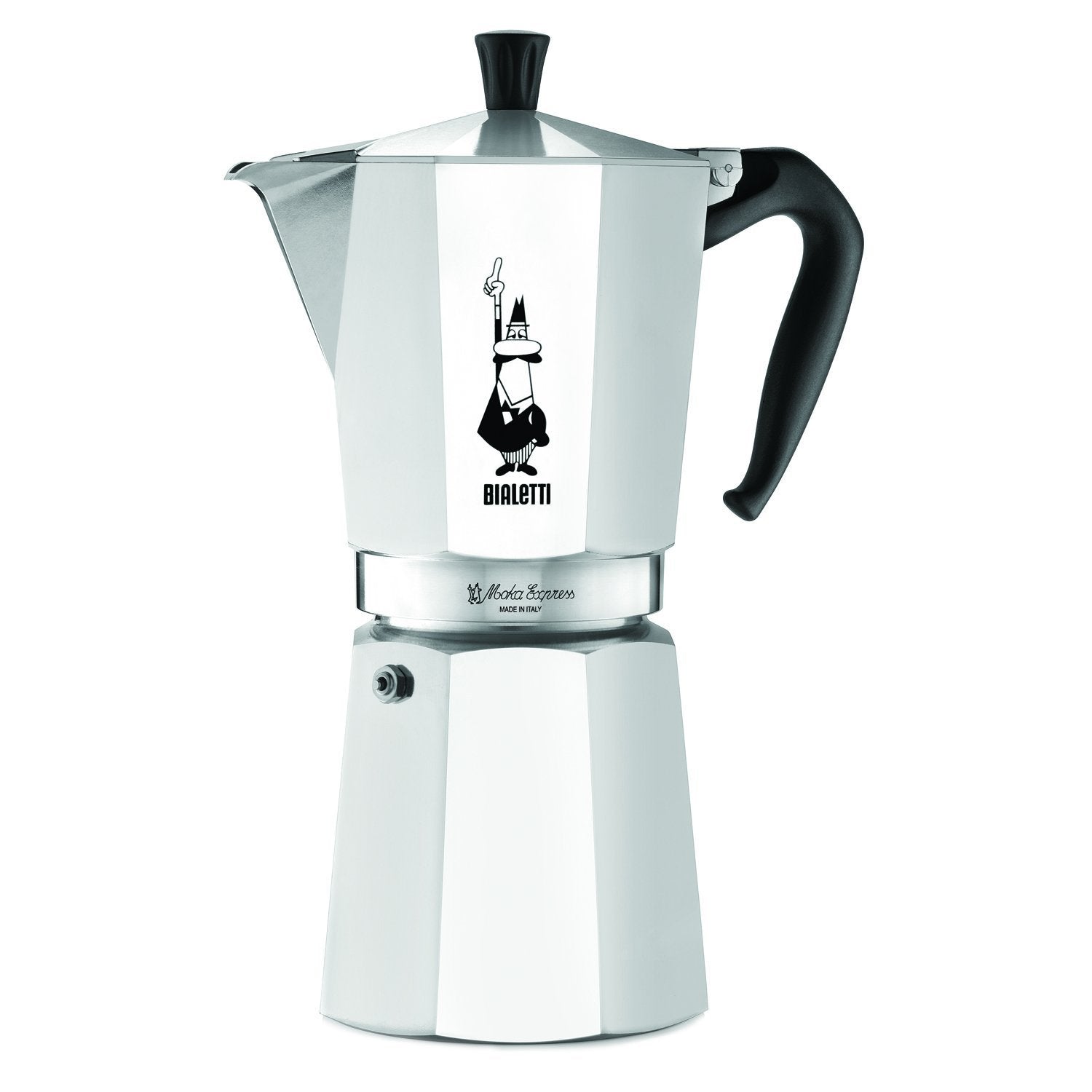 Bialetti Moka Express silver front view for authentic Italian coffee at home.