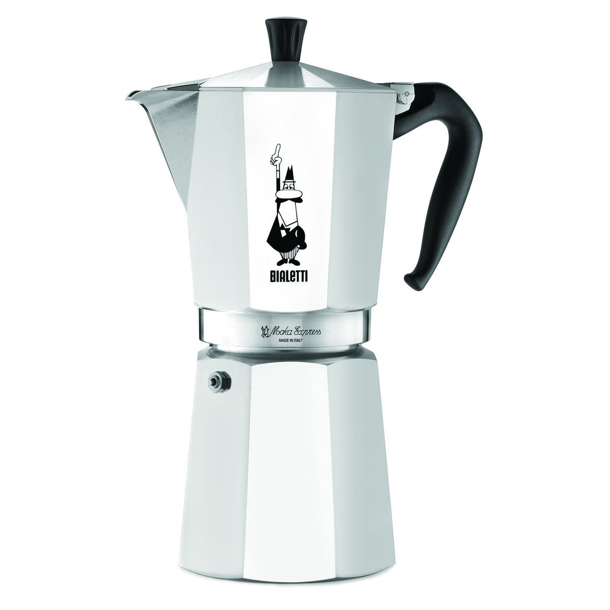 Bialetti Moka Express silver front view for authentic Italian coffee at home.