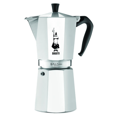 Bialetti Moka Express silver front view for authentic Italian coffee at home.