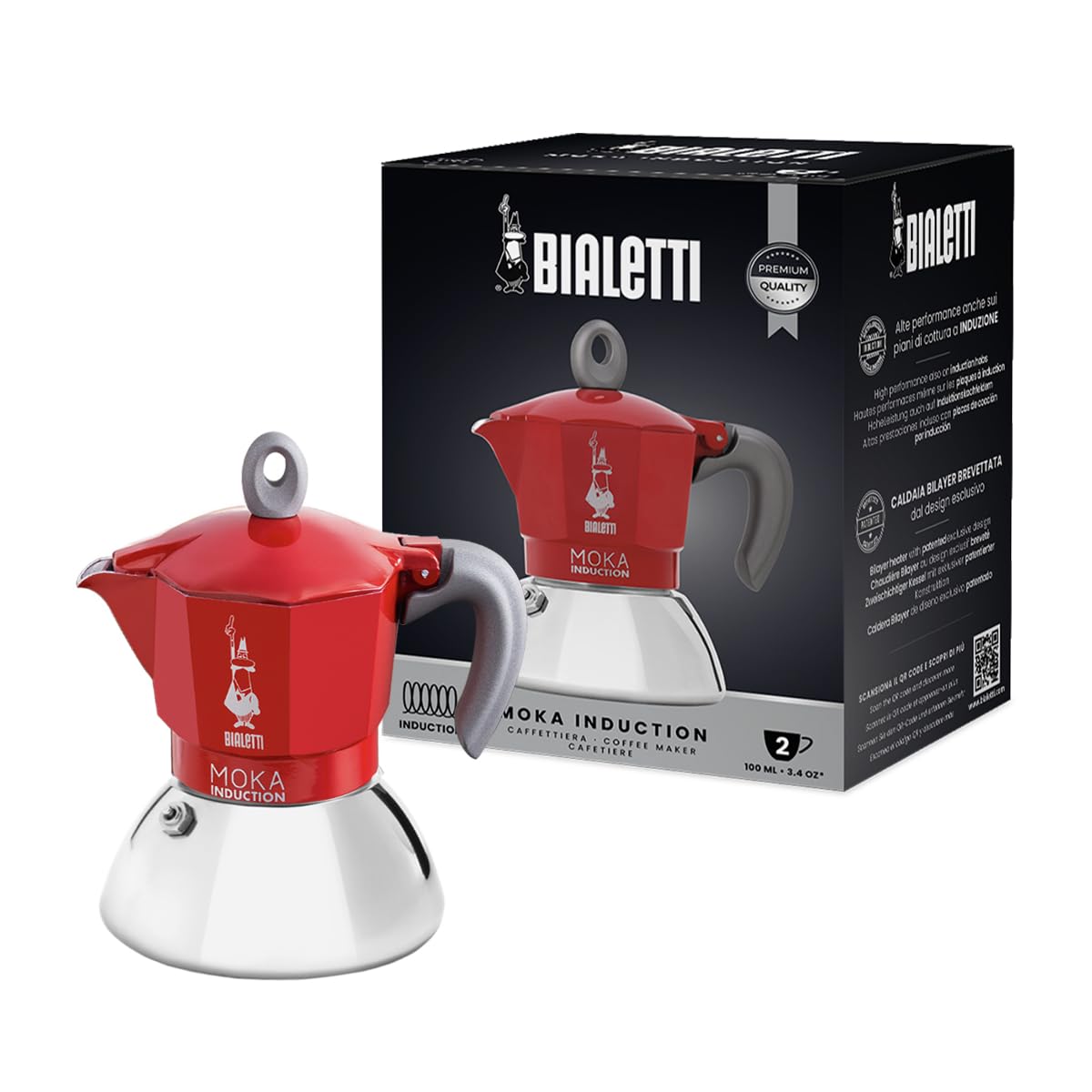 Bialetti Moka Induction red exterior ready for quick, flavorful espresso at home.