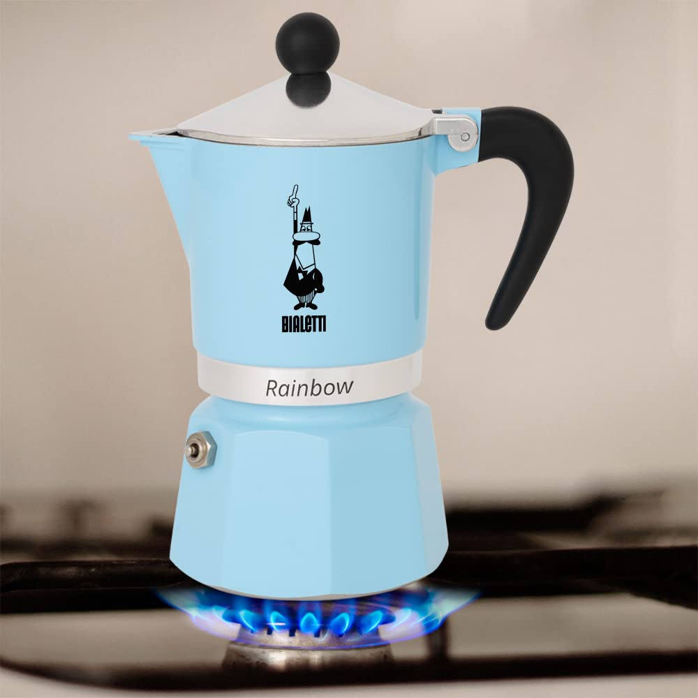 Bialetti Rainbow moka pot blue top close-up valve, safety valve inspection convenience.