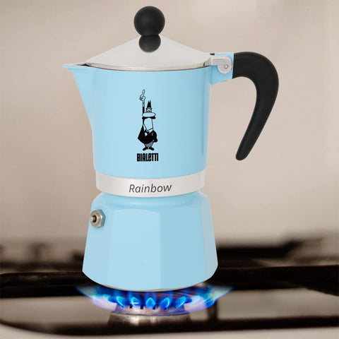 Bialetti Rainbow moka pot blue top close-up valve, safety valve inspection convenience.