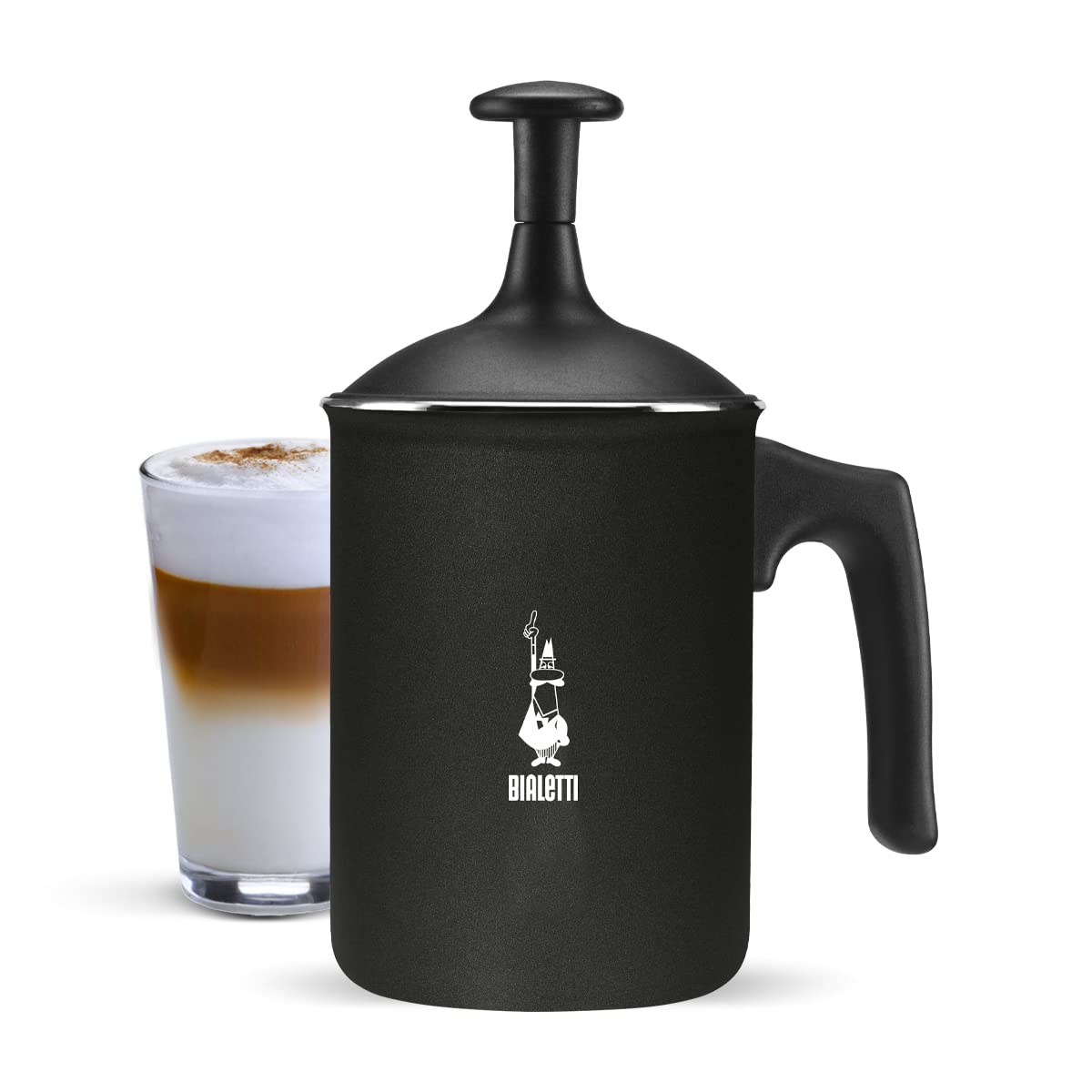 Bialetti Tutto Crema milk frother black side view shows rich foam potential.