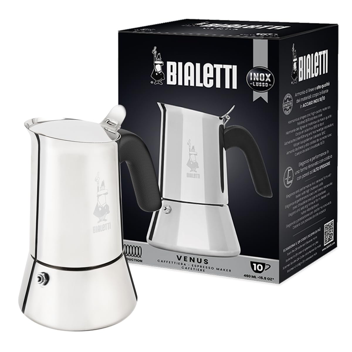 Bialetti Venus induction coffee maker on stove delivers rich espresso aroma.