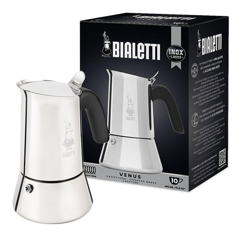 Bialetti Venus induction coffee maker on stove delivers rich espresso aroma.