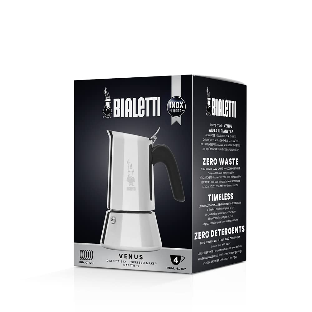 Bialetti Venus induction stainless steel body highlights durability for daily coffee.