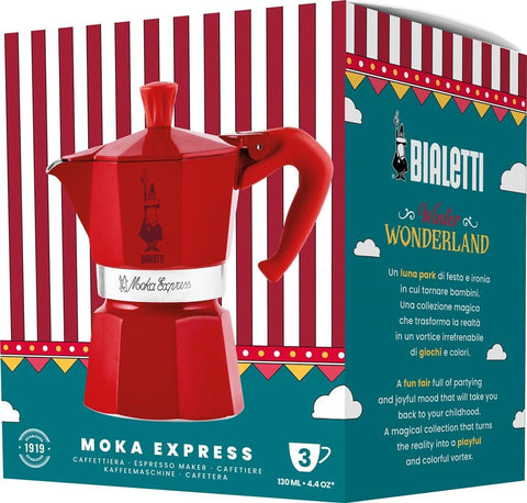 Bialetti Winter Wonderland coffee maker: red-silver finish, compact design for quick, aromatic mornings