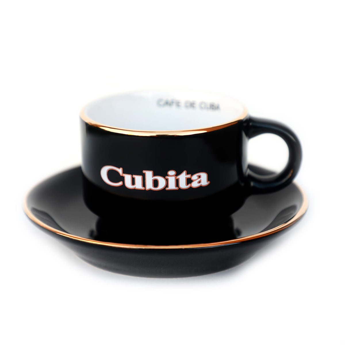 BIBI Cuban espresso cups with matching saucers and gold trim on the rim.