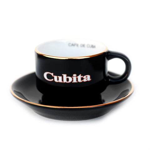 BIBI Cuban espresso cups with matching saucers and gold trim on the rim.