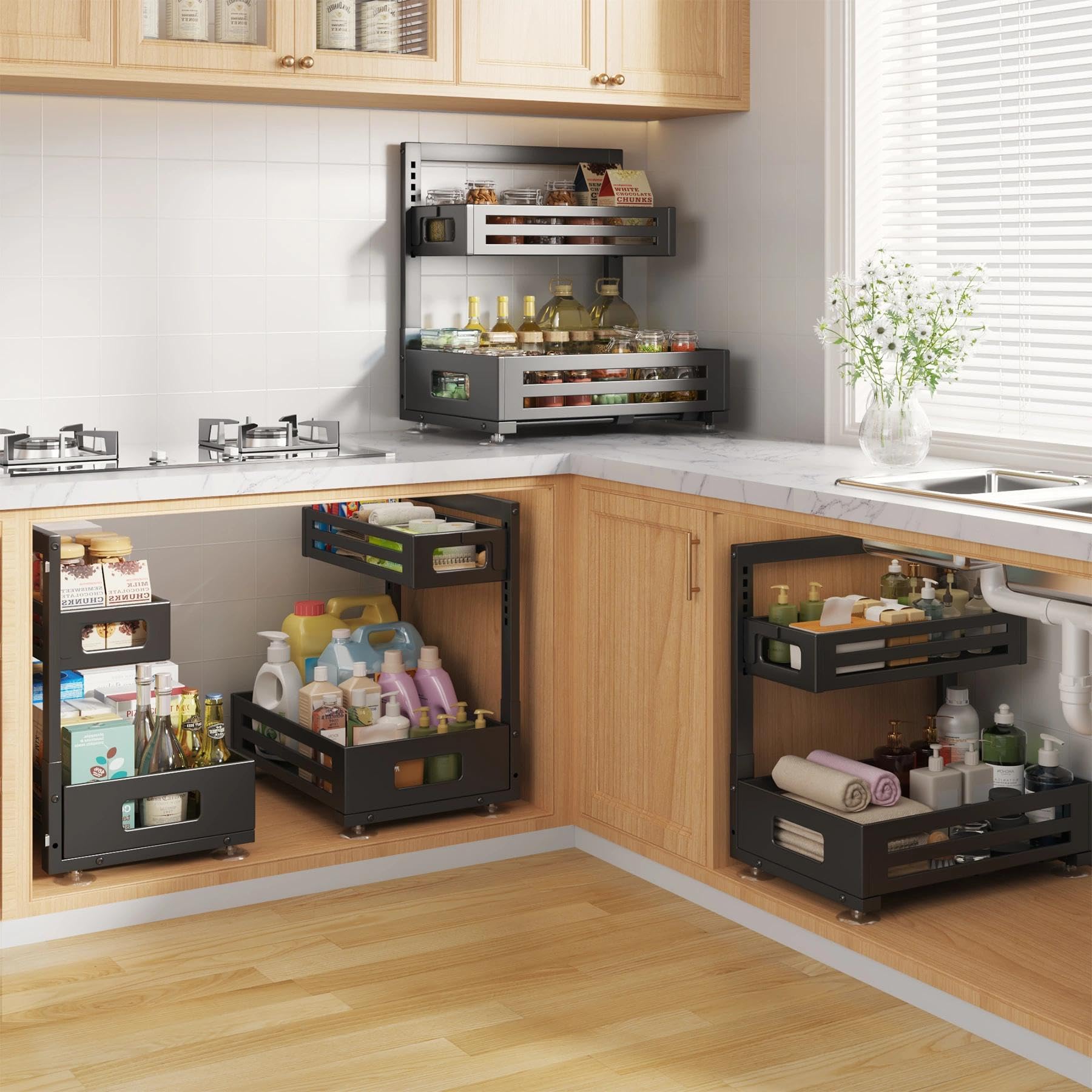 Biboraya dual-layer design doubles storage space in cabinets.