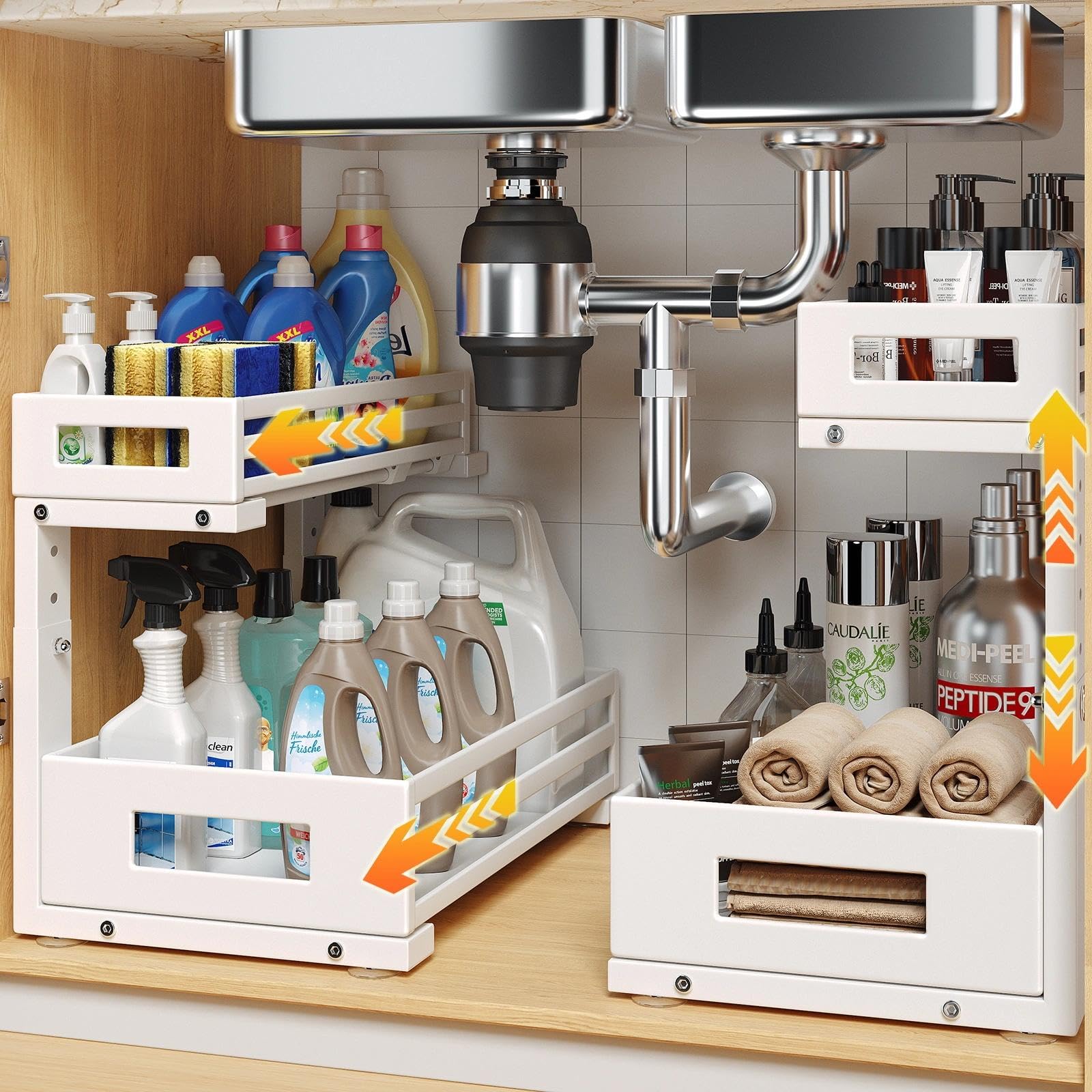Biboraya l-shaped under-sink organizer left view with 2-tier pull-out for compact spaces