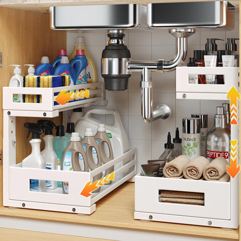 Biboraya l-shaped under-sink organizer left view with 2-tier pull-out for compact spaces