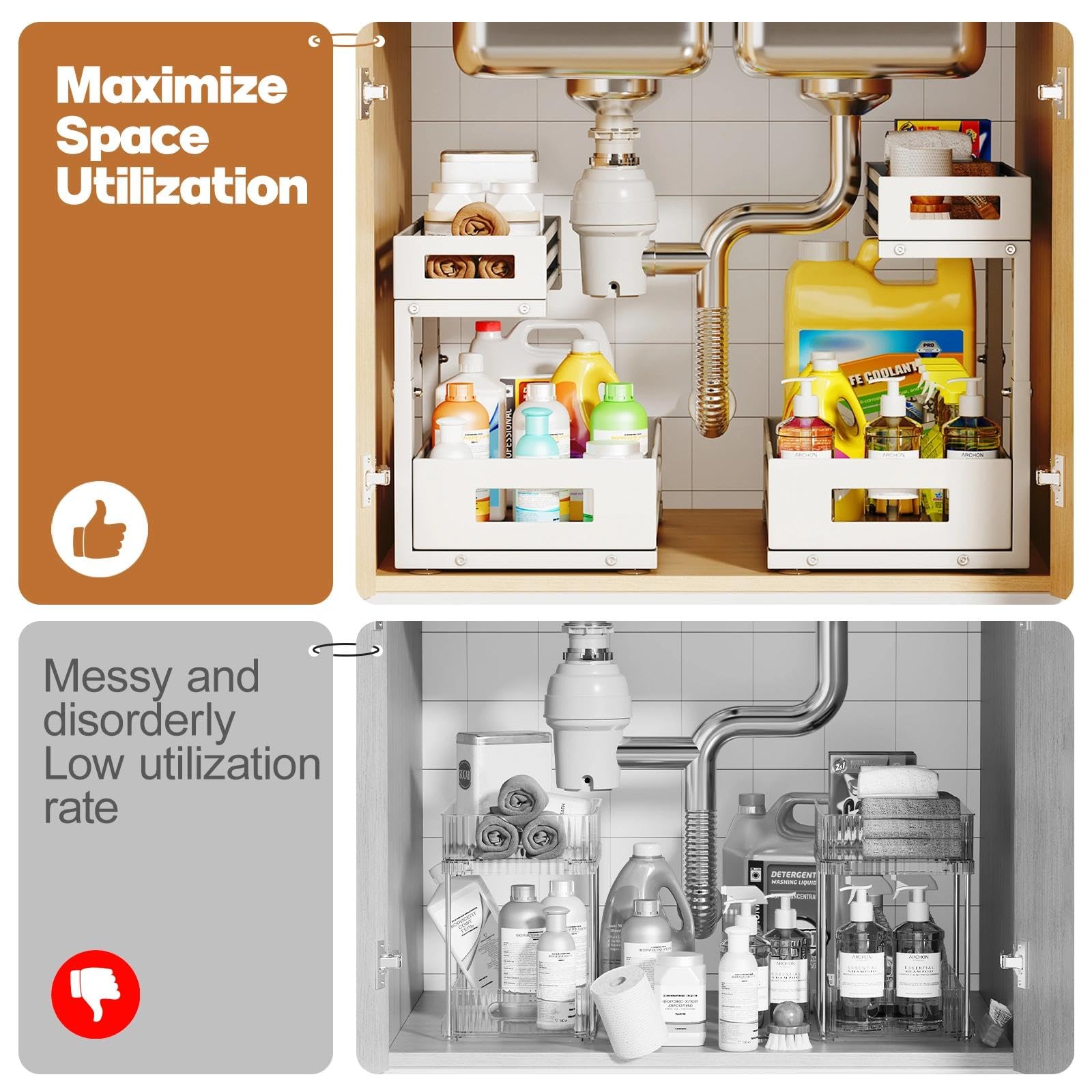 Biboraya pack of 2 under-sink organizers in use in two cabinets