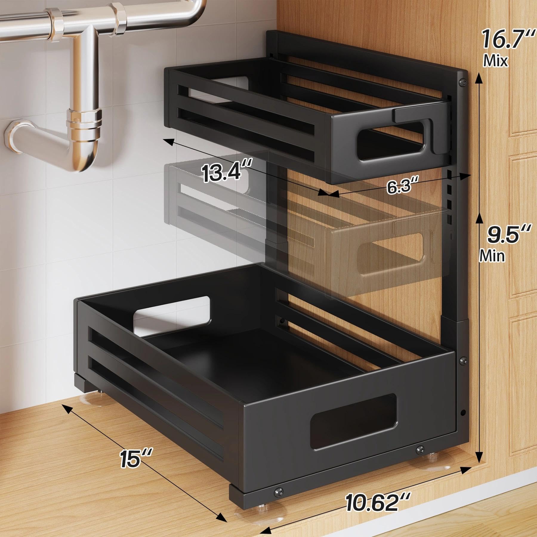 Biboraya pull-out cabinet drawer system for easy reach without bending.