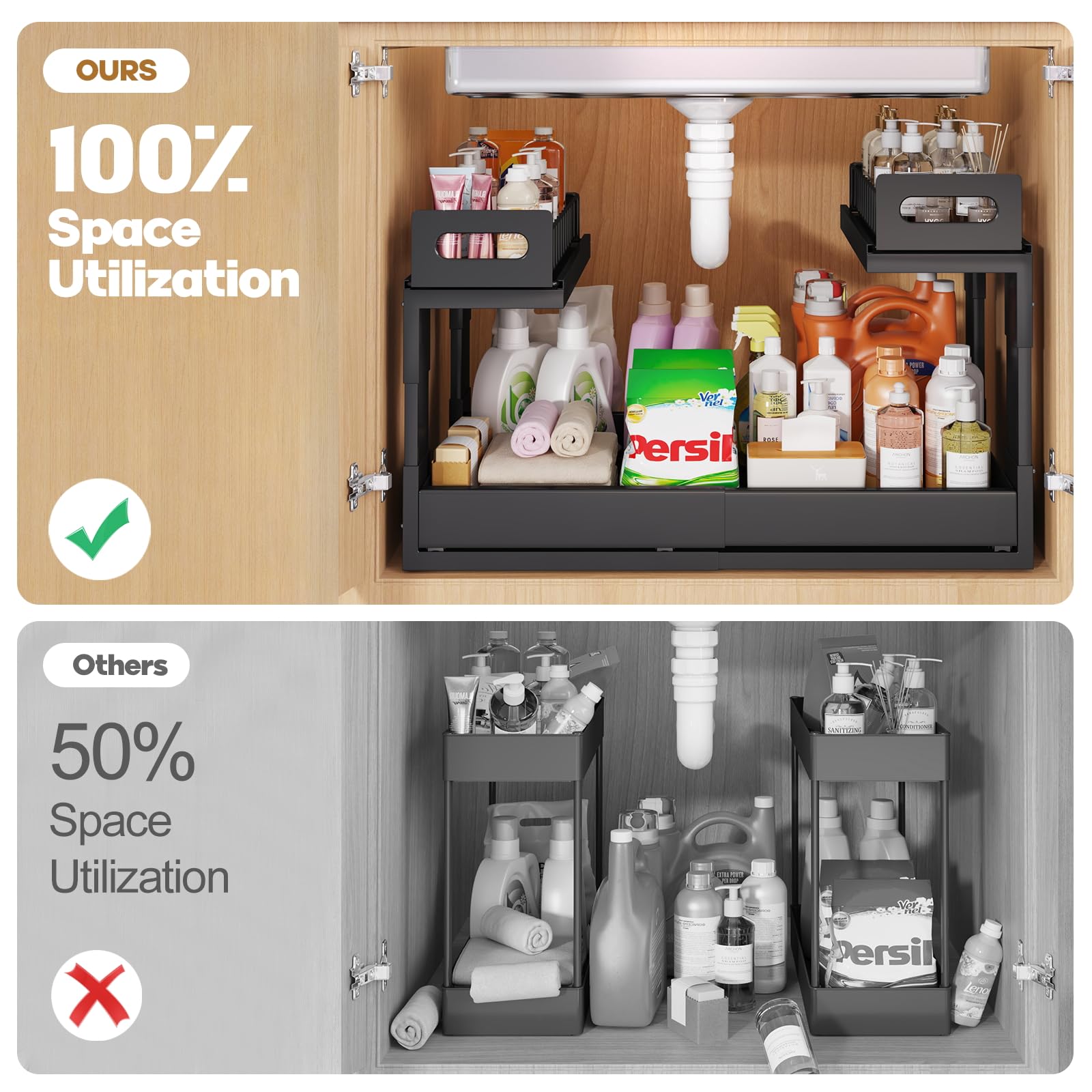 Biboraya two-tier sliding drawers provide quick access to essentials