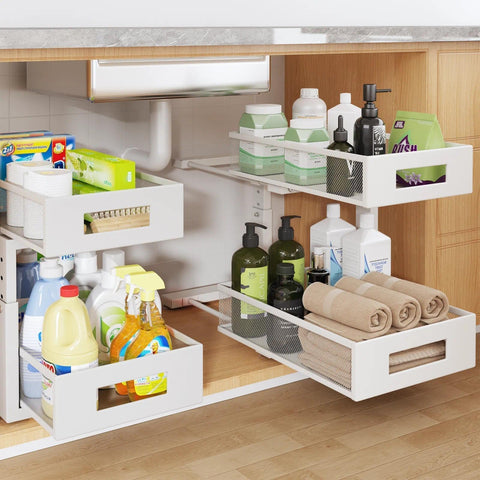 Biboraya under-sink organizer with 2-tier drawers and rails improves reach to back items.