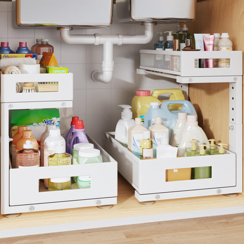 Biboraya under-sink organizer with 2-tier mesh bottom basket for extra storage and easy access.