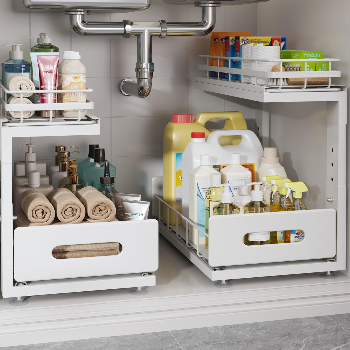 Biboraya under-sink organizer with ball-bearing slides for smooth, quiet drawer movement.