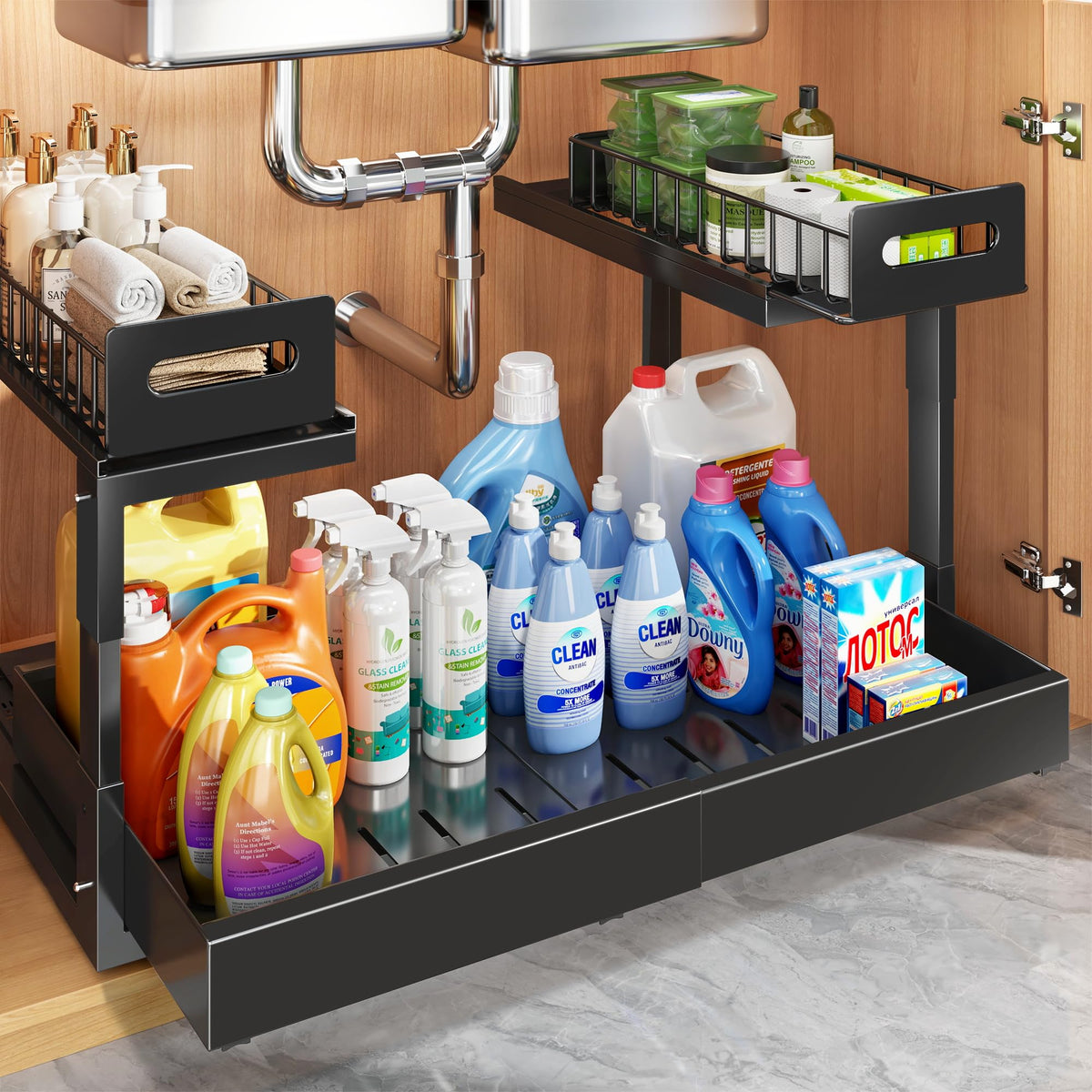 Biboraya under-sink organizer with extendable drawer for flexible cabinet width and space use