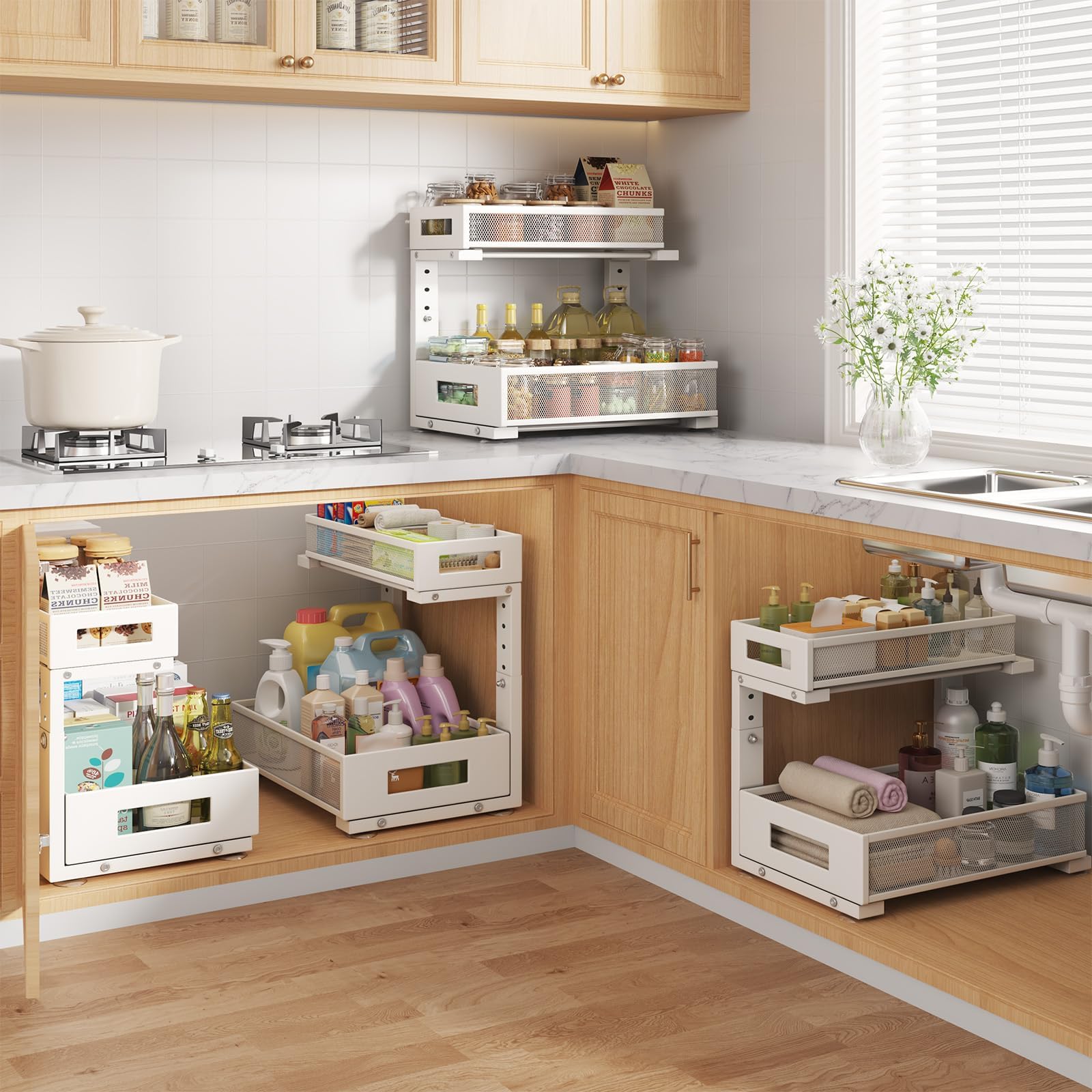 Biboraya L-shaped design fits around pipes in kitchen or bathroom cabinets.