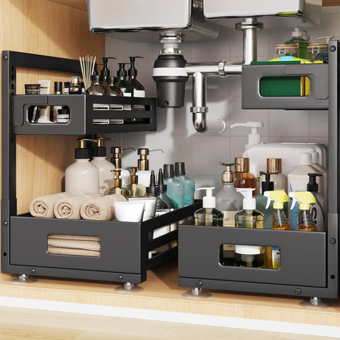 Biboraya under-sink organizer rail enables quick access to stored items.