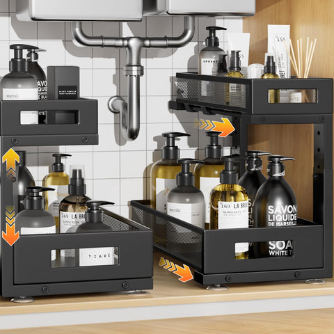 Biboraya under-sink organizer top basket keeps frequently used items within easy reach.