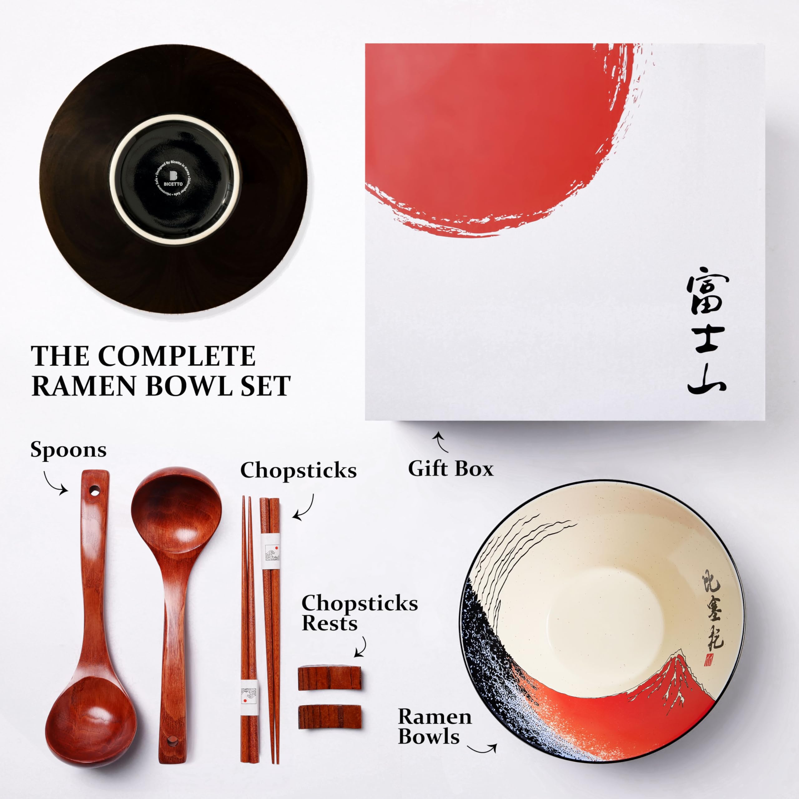 BICETTO ramen bowl set with two bowls and wooden chopsticks for shared meals.