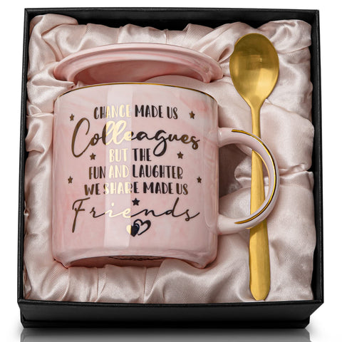 Biching 14oz pink marble mug on desk, a thoughtful farewell gift.