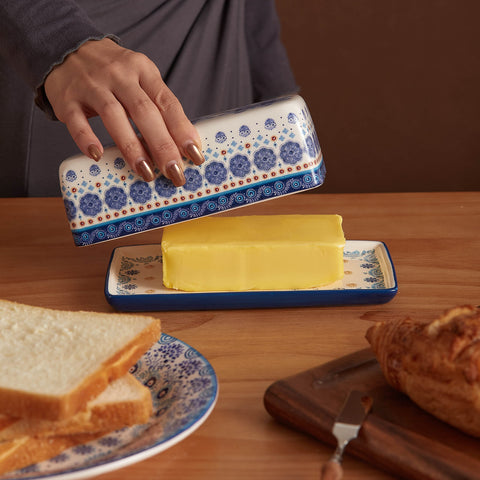 Bico Blue Talavera butter dish on countertop complements blue kitchen decor