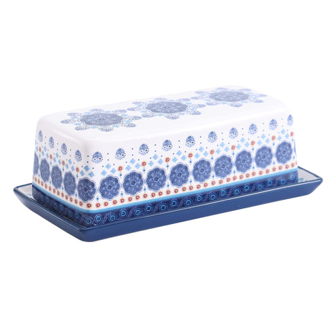 Bico Blue Talavera butter dish with lid on counter keeps butter soft and ready to spread