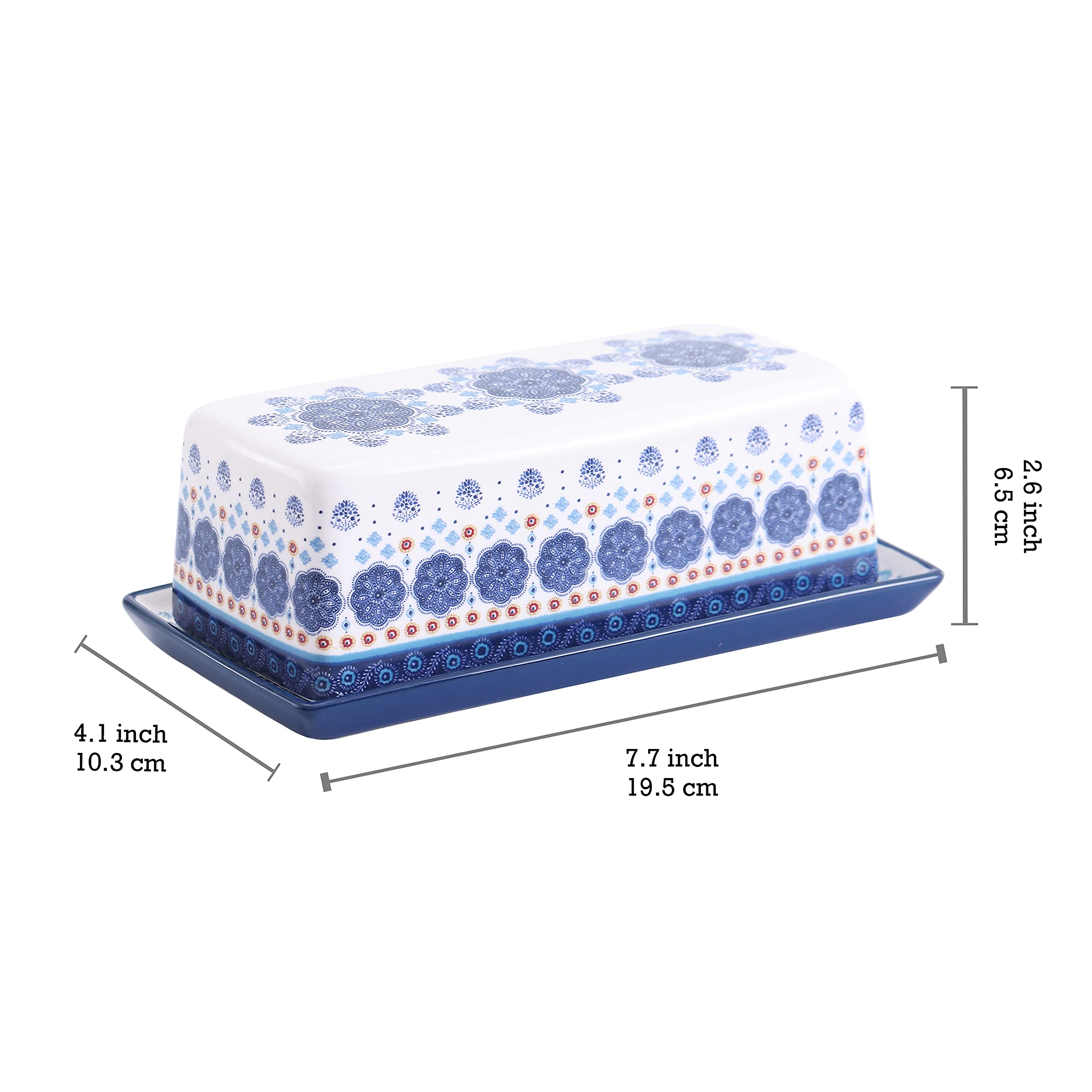 Bico Blue Talavera butter dish with lid open showing easy access to butter