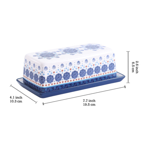 Bico Blue Talavera butter dish with lid open showing easy access to butter