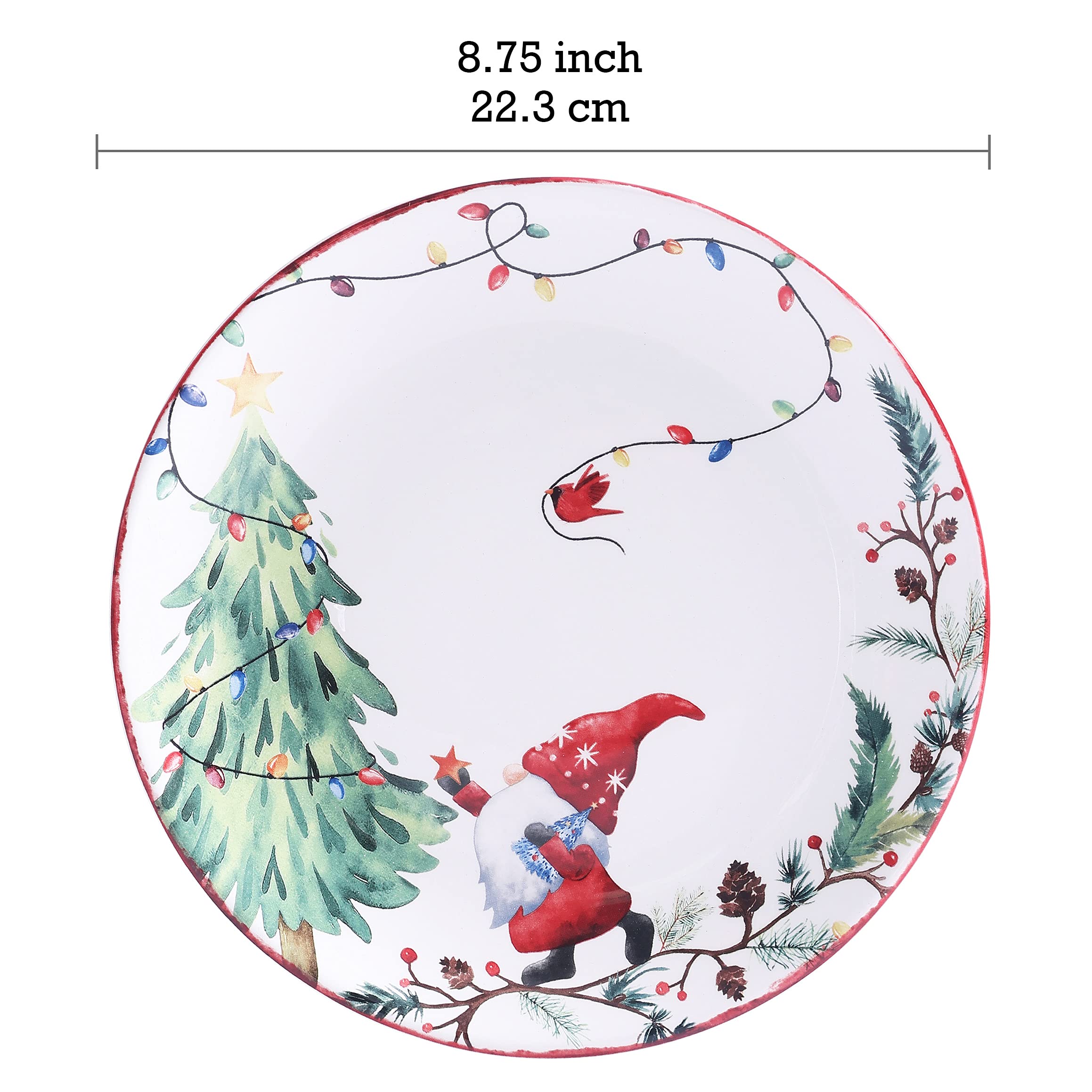 Close-up of Bico Christmas Gnomes pattern on ceramic salad plate