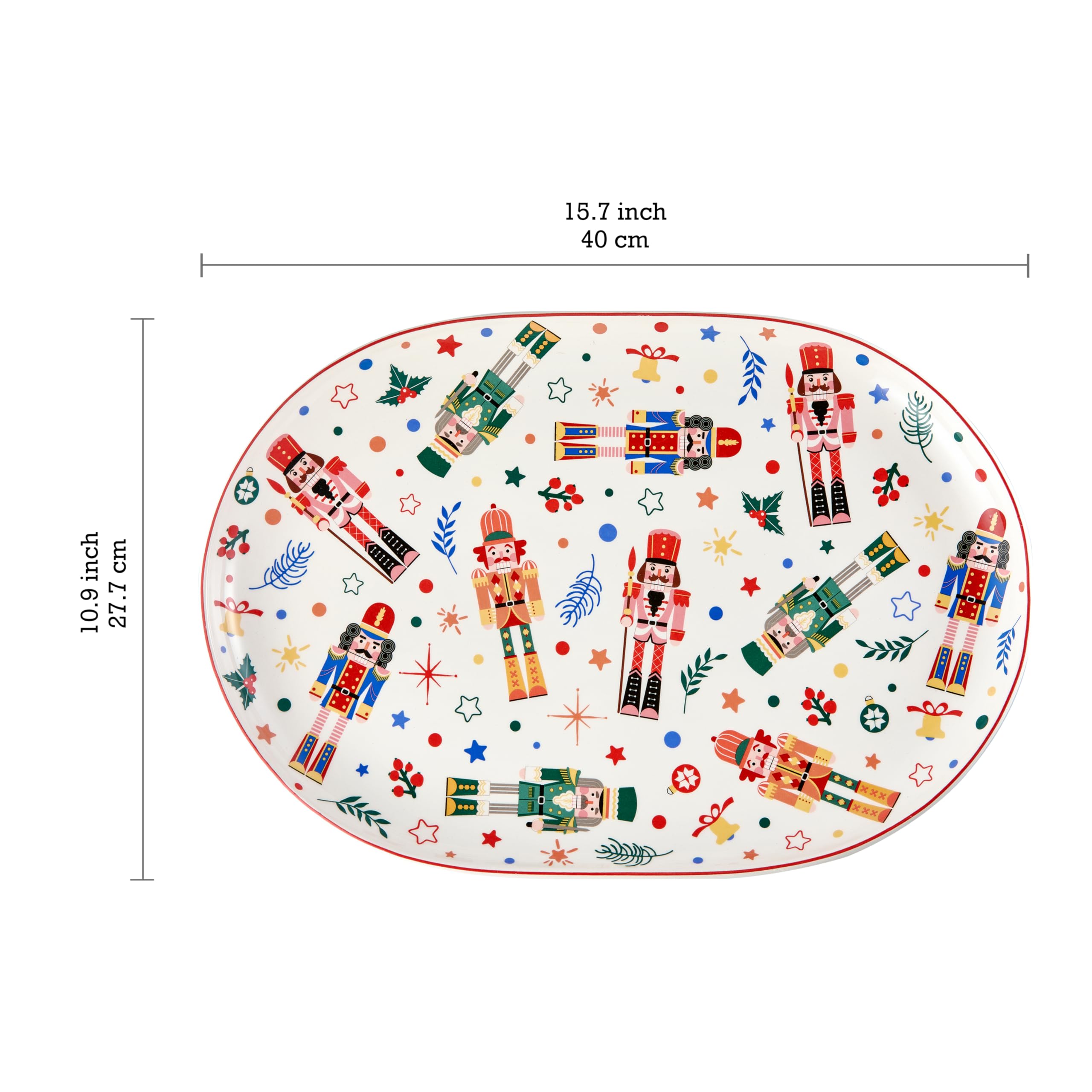 Close-up of Bico ceramic, showing lead-free glaze and craftsmanship on the Christmas Soldier platter
