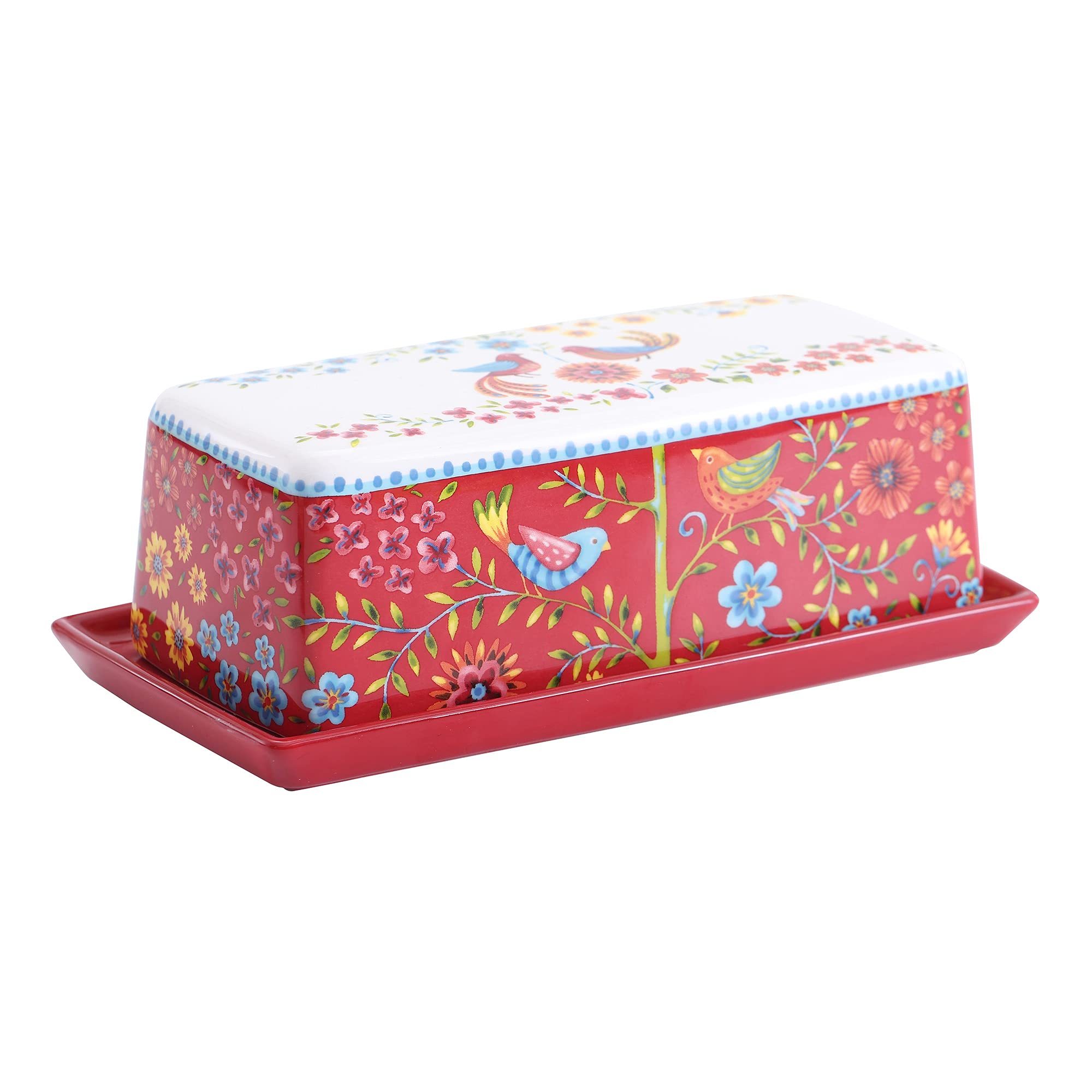 Bico Red Spring Bird butter dish with lid on counter for freshness.