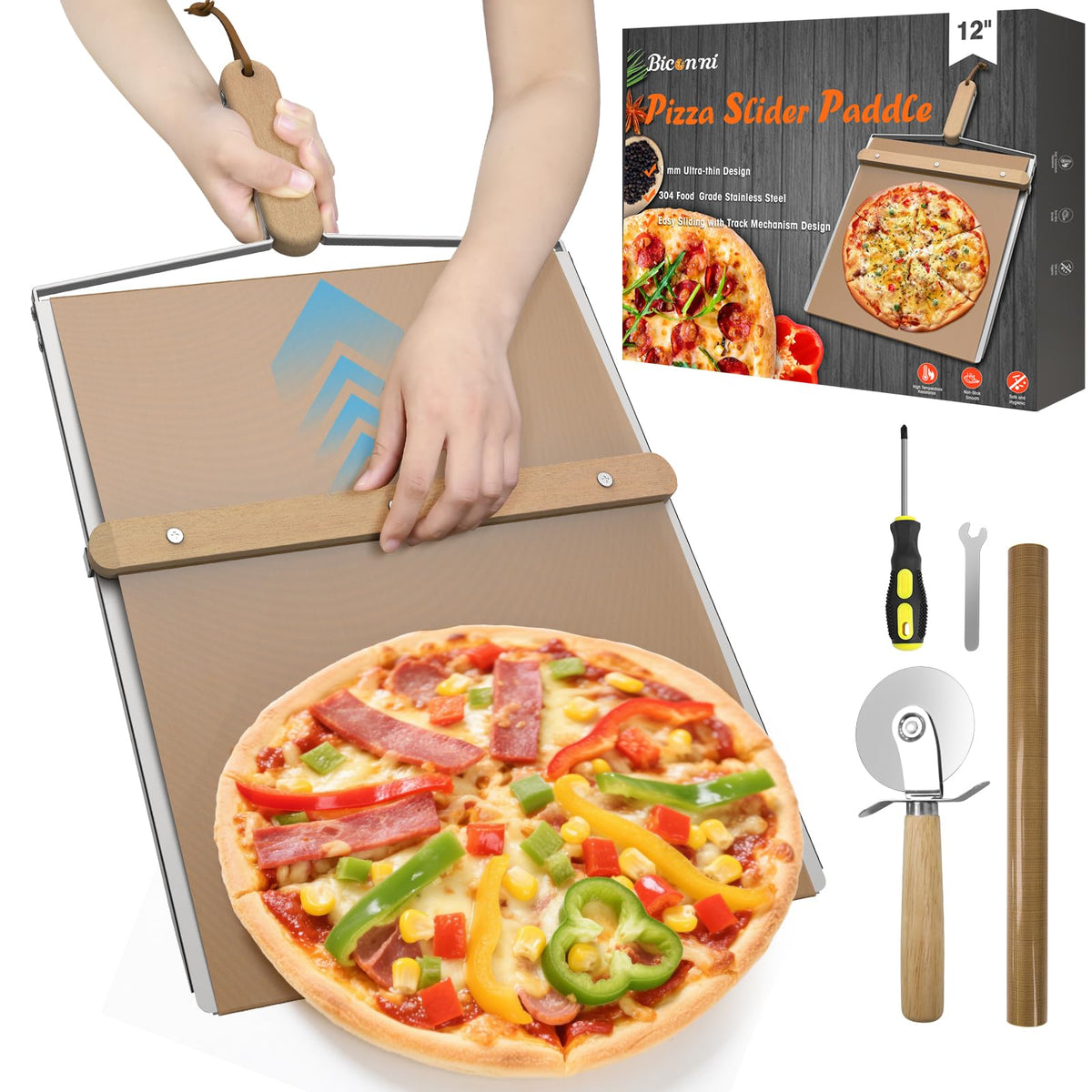Biconimi sliding pizza peel with 12-inch surface for smooth transfers.
