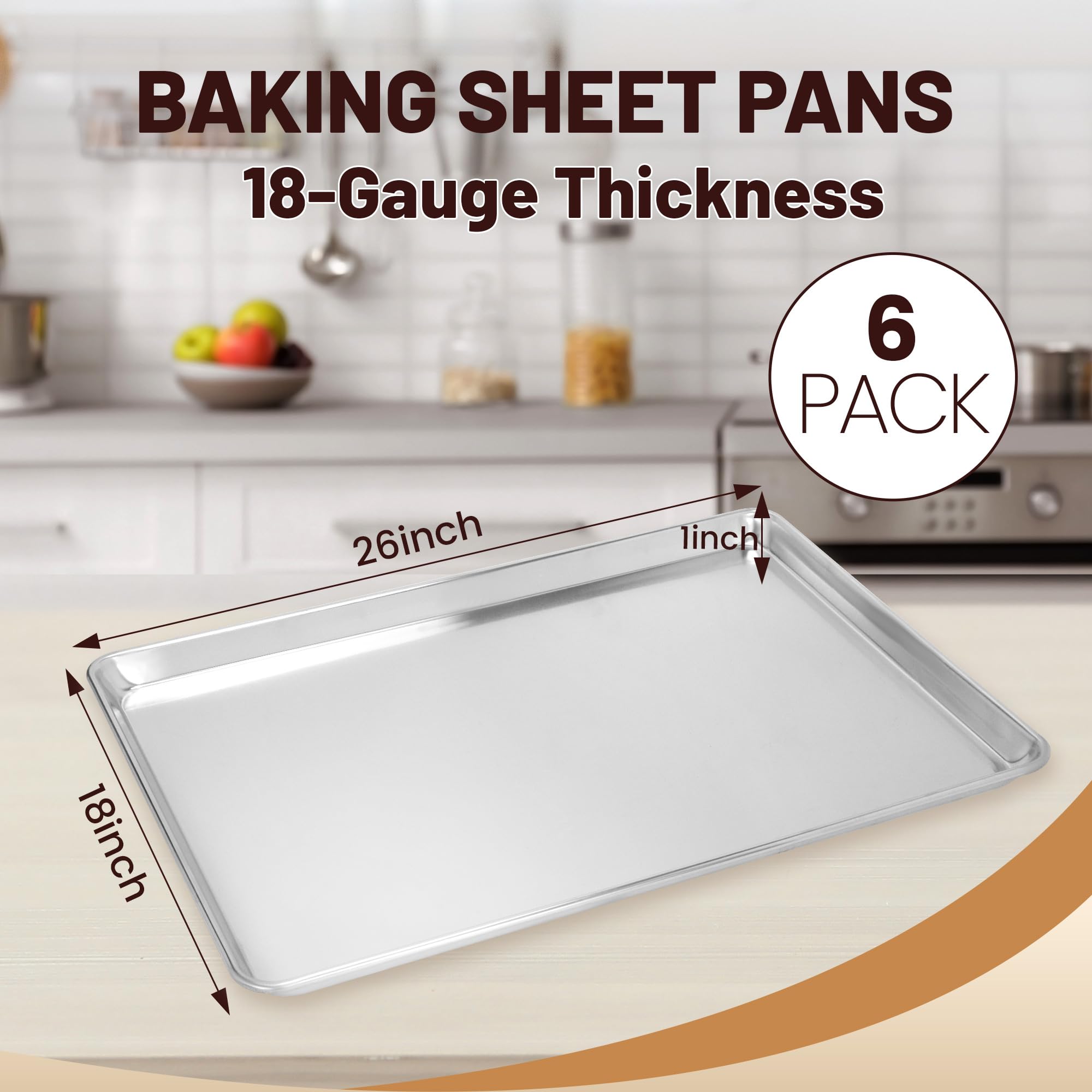BIEAMA 6-pack 18x26 baking sheet top view highlighting mirror finish for easy release.
